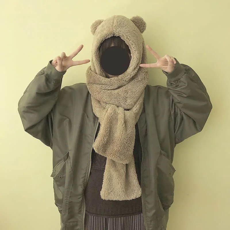 

Warm Hat Scarf One Hooded Bib Female Winter Imitation Lamb Hair Japanese Thickening Cute Bear Ears Tide Winter Warmth Artifact