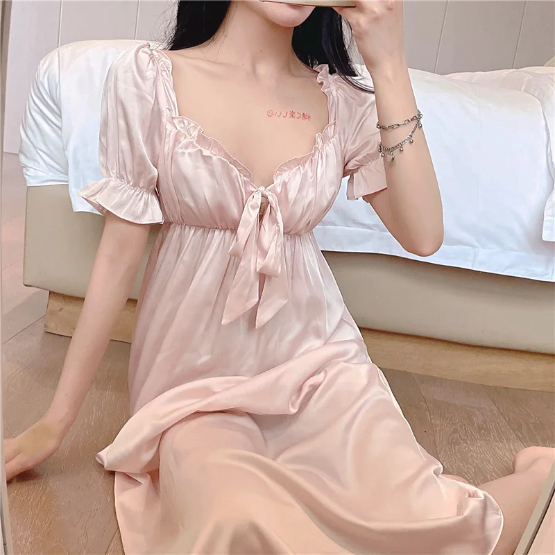 2021 New Style Nightdress Female Sexy Palace Princess Short Sleeve Long Dress French Nightgown Women's Homewear Sleepwear