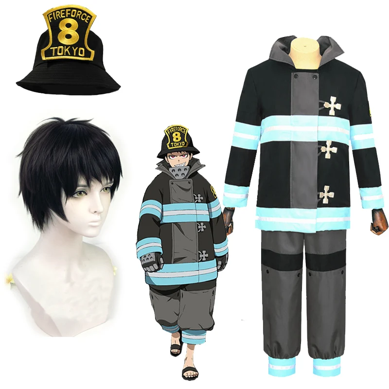 

Shinra Kusakabe Cosplay Costume Enn Enn No Shouboutai Fire Force Wig and Accessories Adult Unisex Fire Brigade Uniform Set