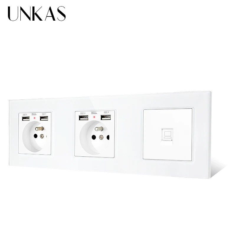 Двойная французская стандартная настенная розетка UNKAS со стеклянной панелью и 4
