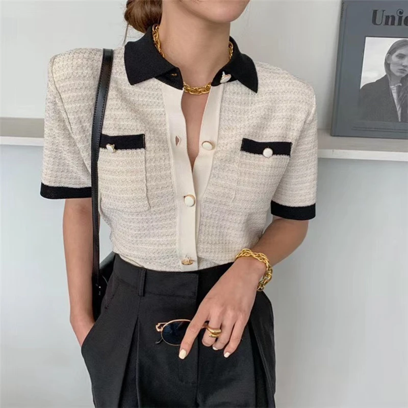 

Japanese Collar Short Style Turn-down Sleeve Thin Short-sleeved Ice Silk Knit Womens Shirt Coats Tops Blouses