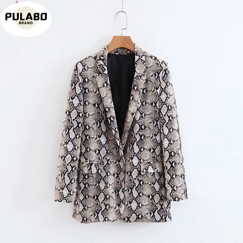 

Spring Autumn Women's Vintage Snake Print Jackets Casual Lapel Long Sleeve Slim Long Jacket 2021 Fashion Pocket Snake Skin Coats