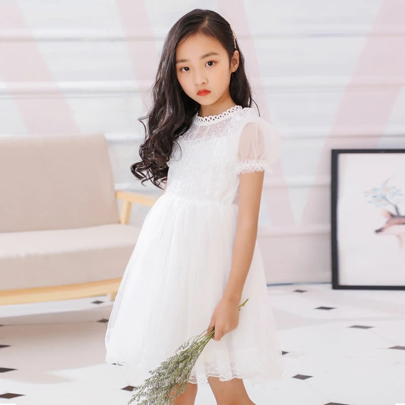 Girls Dress Short Sleeve Fairy Gauze White Wedding Flower Girl Lace Princess Veil Puff Kids Wear Vestidos Niña | Детская одежда и