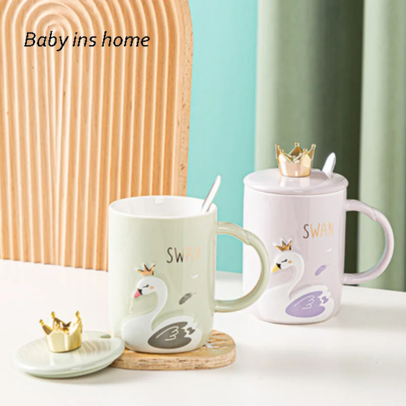 

Чашка для воды с крышкой и ложкой, чашка 400 мл, креативная розовая кружка в японском стиле с изображением животного, милая девушка, керамичес...