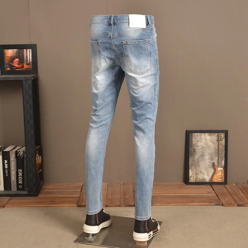 Summer Men Light Blue Jeans Fashion Korean Style Slim Fit Denim Pants