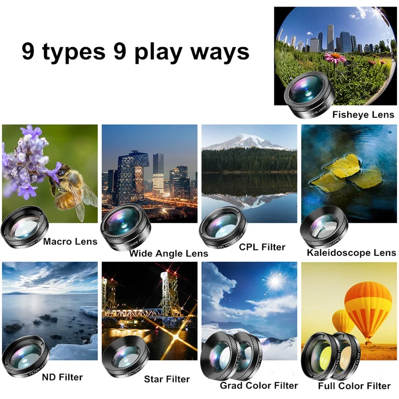 

APEXEL 11 in 1 Camera Phone Lens Kit Wide Angle Macro Full Color/Grad Filter CPL ND Star Filter for iPhone Xiaomi All Smartphone