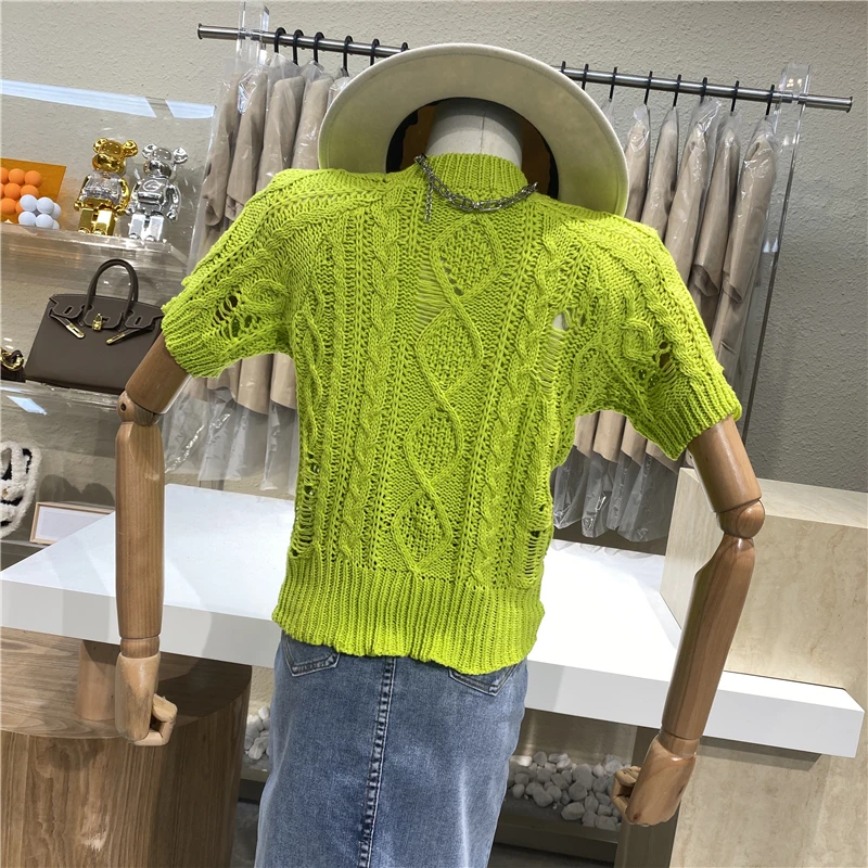 

Brand Original Design 2021 Candy Color Round Neck Cut Hollowout Knit Small Fresh Short Top