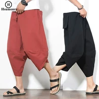 tapered harem capri pants hip hop dance jogger pants drop crotch solid color baggy cotton linen pants streetwear two back pocket