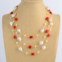 womens natural 64 red coral white keshi freshwater cultured pearl necklace