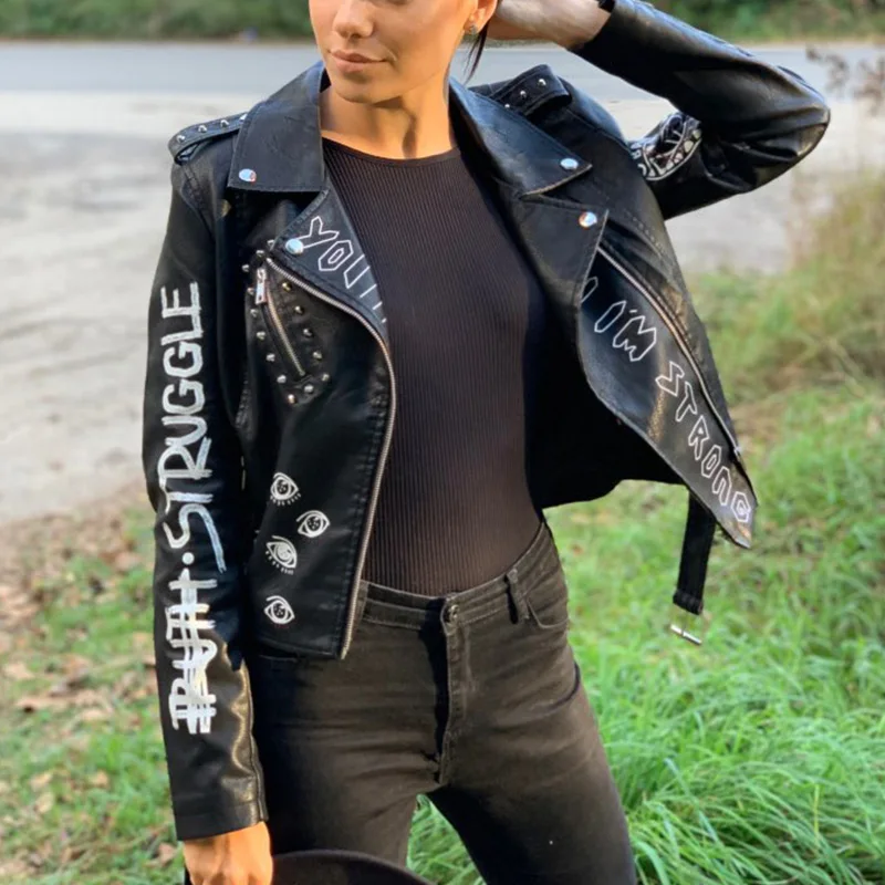 Trendy Nice New Autumn Women Faux Soft Leather Jackets Coats Lady Black PU Rivet Zipper Epaulet 3D print Motorcycle Streetwear