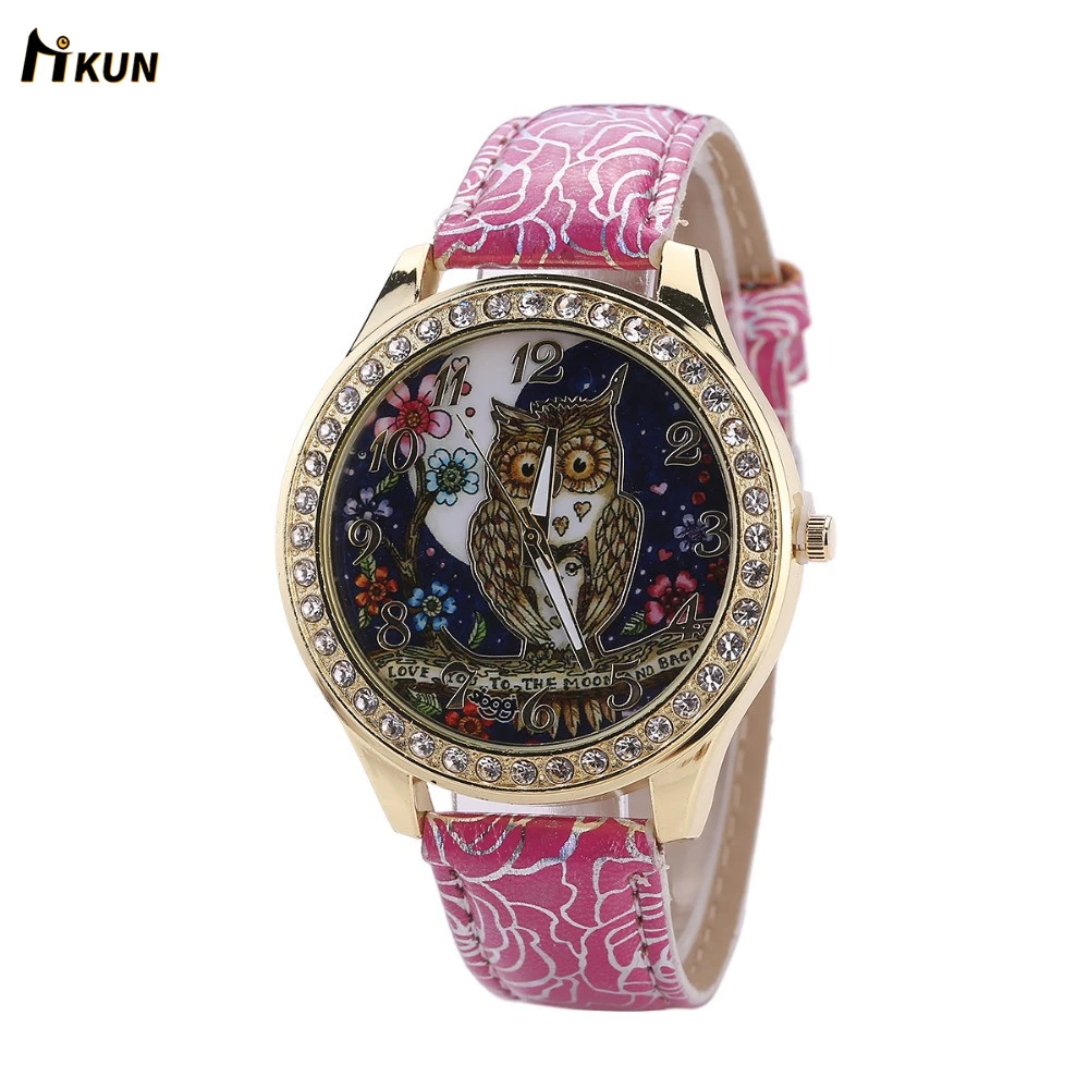 Женские кварцевые часы с рисунком Совы и лунным светом розовым ремешком для