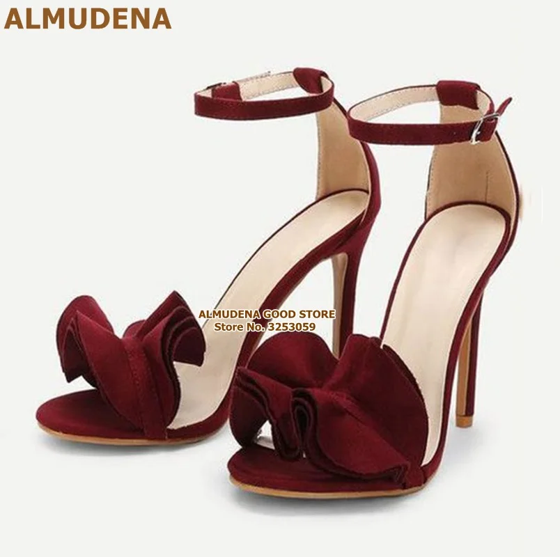 as picture ALMUDENA/бордовые атласные сандалии с рюшами; туфли на шпильке; винно-красный шелк; свадебные туфли-лодочки с воланами; обувь для вечеринок с пряжкой и цветочным узором - Цвет: as picture