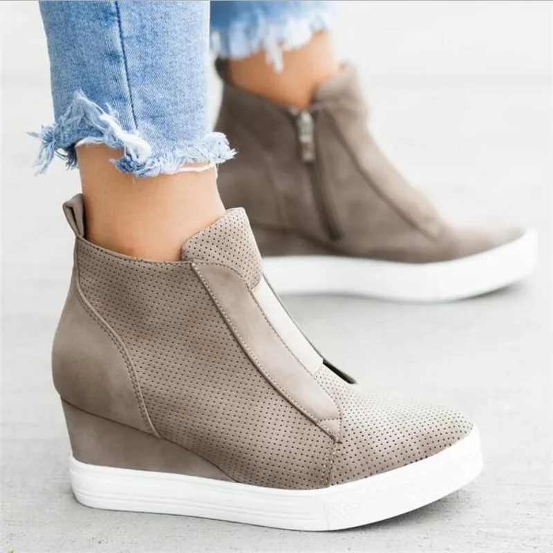 

2020 Leather Woman Casual Shoes Within The Higher Pure Fashion Side Zipper Sneakers Anti Skid Outsole Ladies Shoes