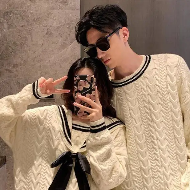 

VOOCIEC Preppy Style Couple Sweater For Men Women Fashion Sweater Lolita Girl Sweet Navy Collar Sweater Couples Harajuku Sweater