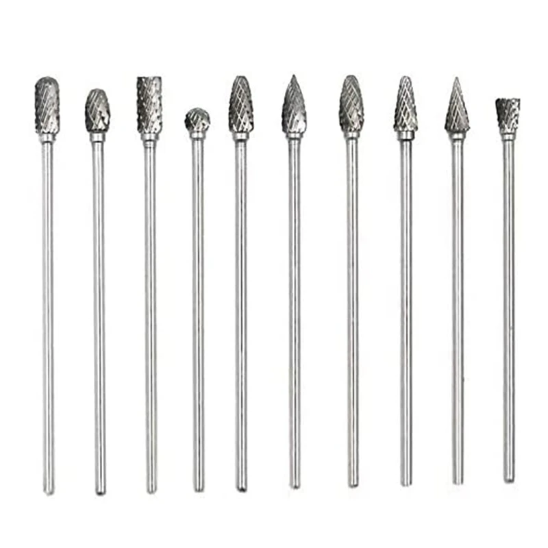 

10Pc 4 Inch Long Double Cut Tungsten Solid Carbide Rotary Burrs Set 1/8 Inch(3mm) Shank Twist Drill Bit for Rotary Tools