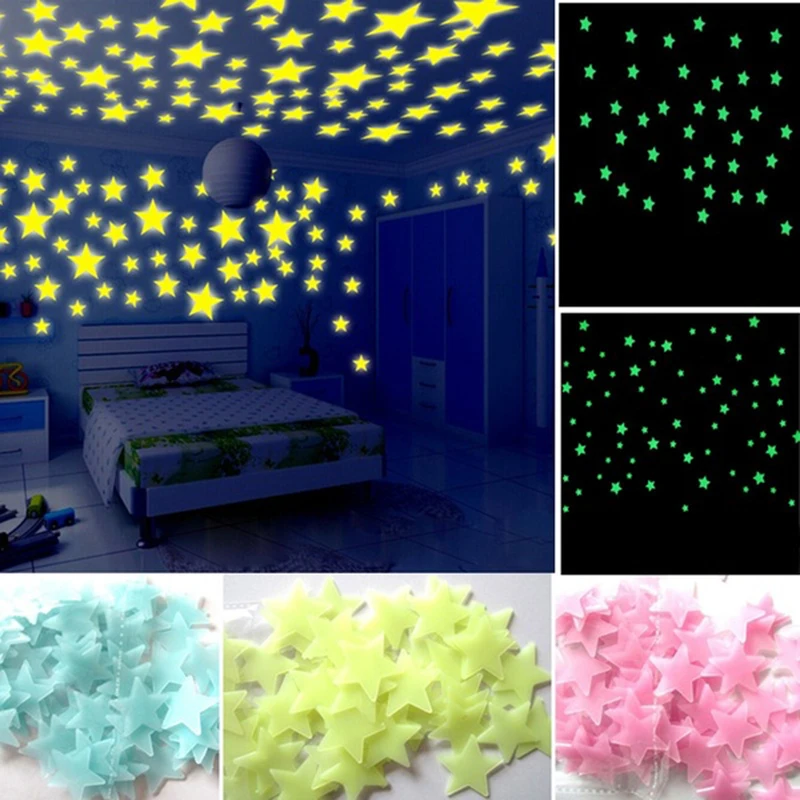 100 шт 3D звезды светящиеся настенные наклейки, детские наклейки для спальни, домашний декор, цветные светящиеся звезды, флуоресцентный Декор для гостиной