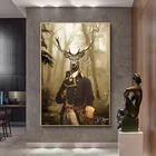 Картина на холсте Олень в туманном лесу, настенный художественный плакат и принты животных в костюме, забавная картина для украшения комнаты