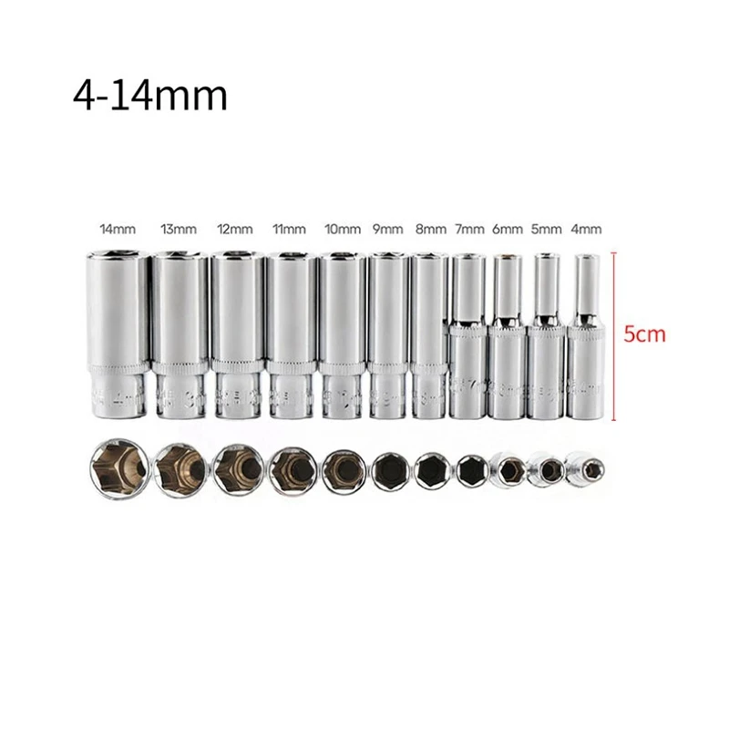 

11Pcs 1/4-Inch Deep Drive Sockets Set Hand Tools 5cm Long Hex Repair Kit Useful