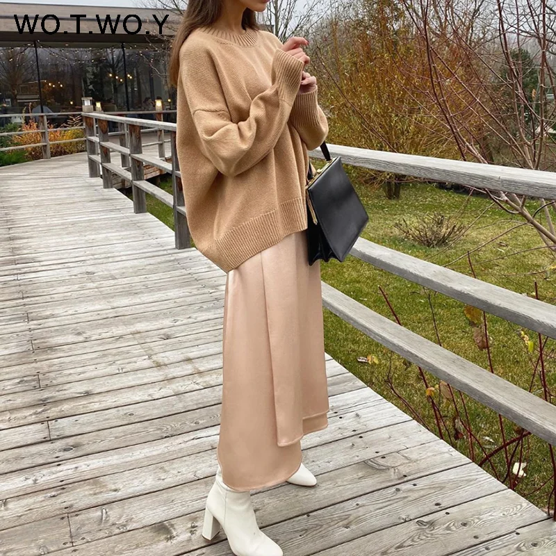 Женская шелковая юбка с высокой талией WOTWOY элегантная Однотонная до середины