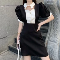 contrast bubble sleeves stand collar dress female high end french temperament loose slim skirt 2021 summer new style
