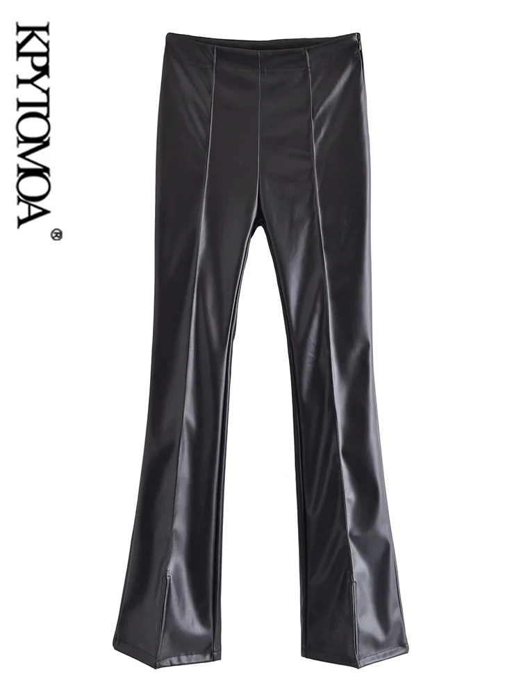 

KPYTOMOA Women Chic Fashion Vents Hem Faux Leather Skinny Flare Pants Vintage High Waist Side Zipper Female Trousers Mujer