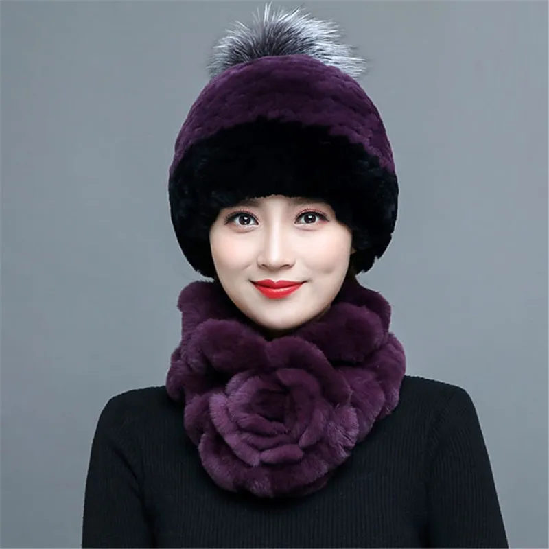 Женская шапка и шарф из 100% натурального меха кролика Рекс комфортная теплая