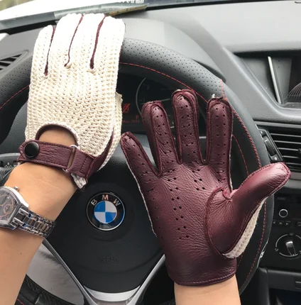 winered purple white Мужские перчатки из козьей кожи, вязаные+ кожаные перчатки, Мужские дышащие перчатки для вождения без подкладки, новые модные мужские кожаные перчатки - Цвет: winered purple white
