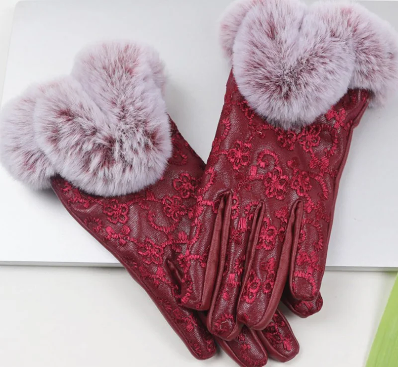 A Wine Red Зимние женские теплые варежки из искусственной кожи с плюшевым толстым сенсорным экраном, Непродуваемые водонепроницаемые спортивные велосипедные перчатки B57 - Цвет: A Wine Red