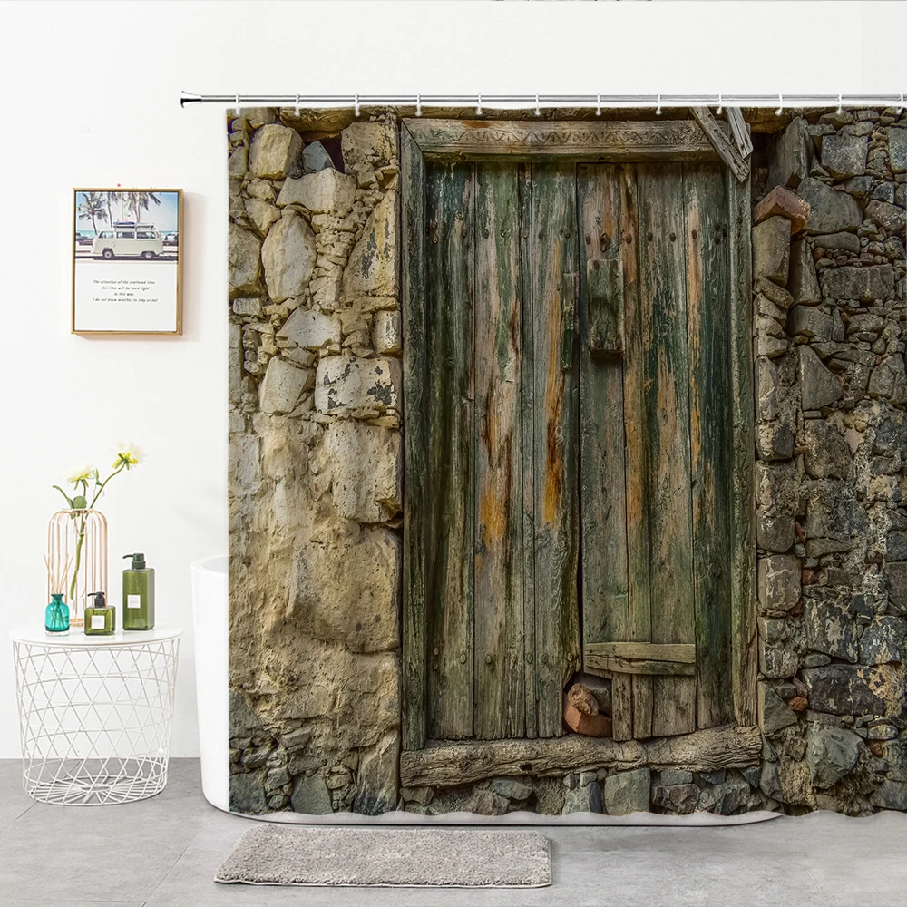 

Vintage Wooden Door Green Leaf Shower Curtain Old Wooden House For Bathroom Decoration Nature Home Curtains Set With Hook Ring