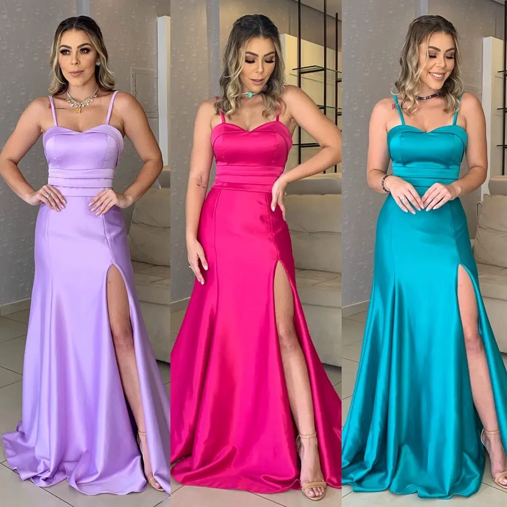 

2020 Simple Prom Dresses Sweetheart Spaghetti Strap High Split Long Fitted Satin Girl Party Evening Dress Custom Made Multicolor