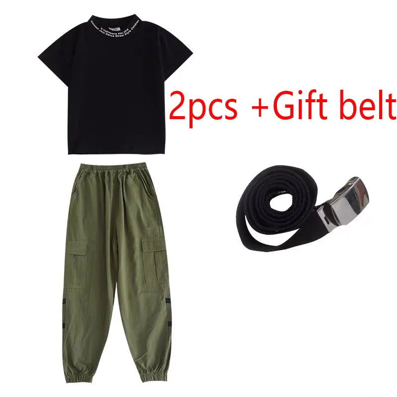 2pcs (Gift belt) Children Jazz Dance Costumes Kids Black Tops Green Pants Outfit Hip Hop Clothing For Girls Street Dance Performance Wear SL1972 - Цвет: 2pcs (Gift belt)