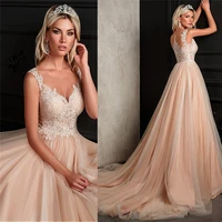 sheer scoop a line simple wedding dress lace appliques sleeveless 2021 online new bridal gowns buttons back robe de mariage