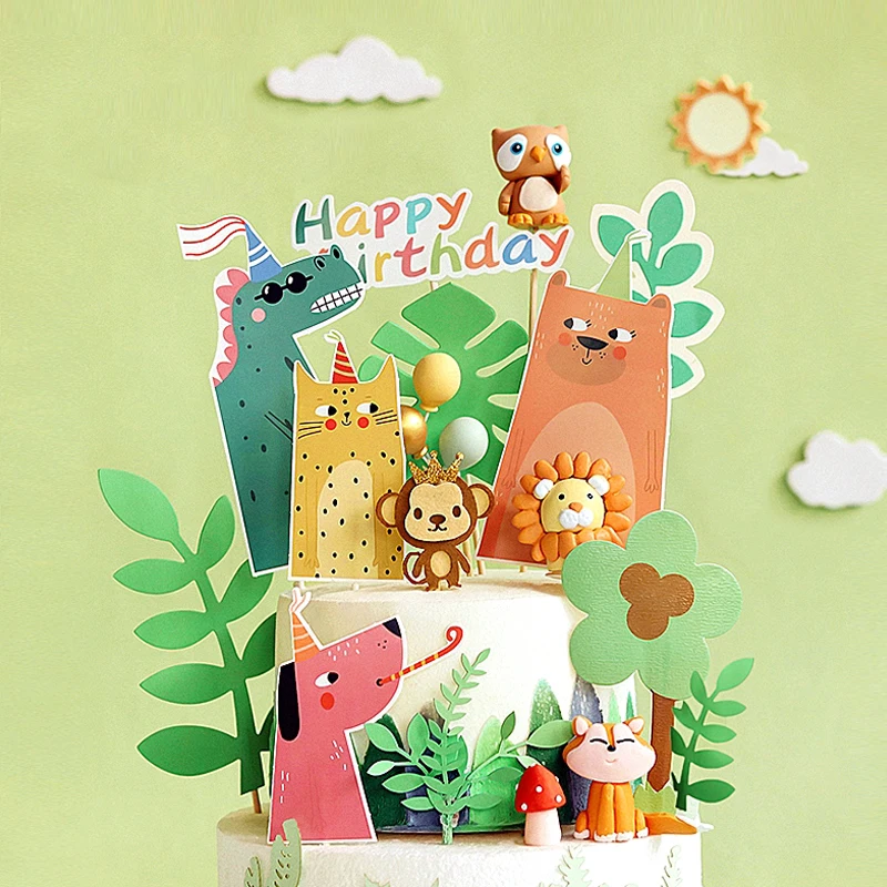 

Animals tiger Lion Fox Owl Sika Deer Kid's Happy Birthday Cake Topper Trees Mushroom for Cake Decorating Party Supplies