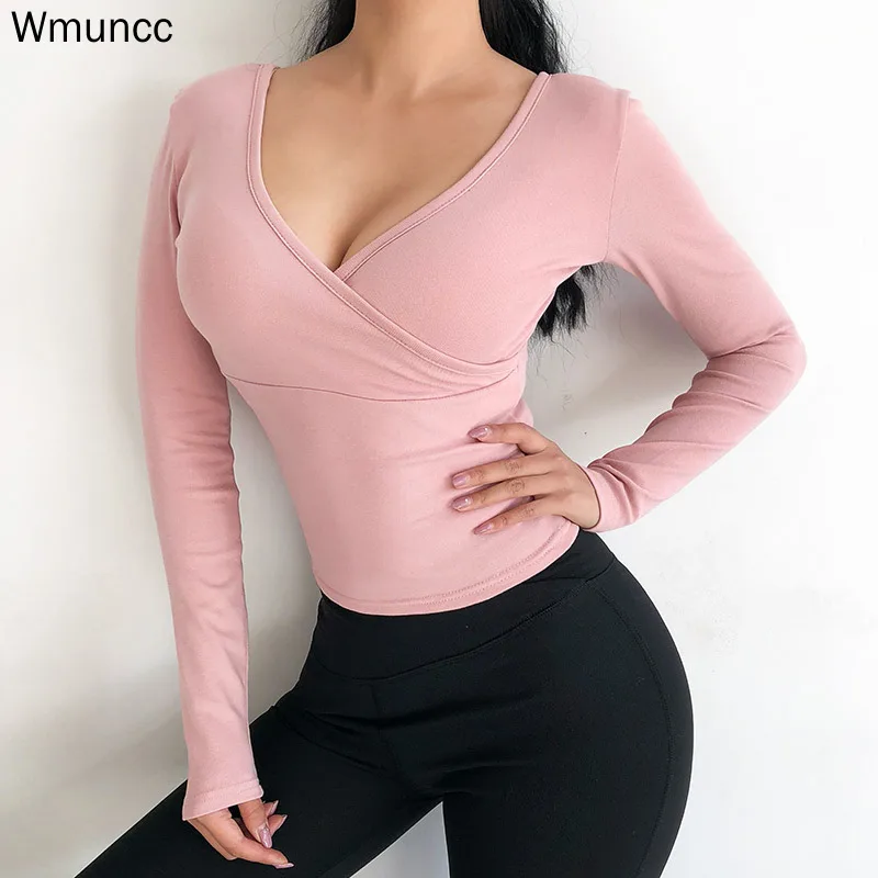 Топ Wmuncc женский спортивный с длинным рукавом и V образным вырезом|Рубашки для