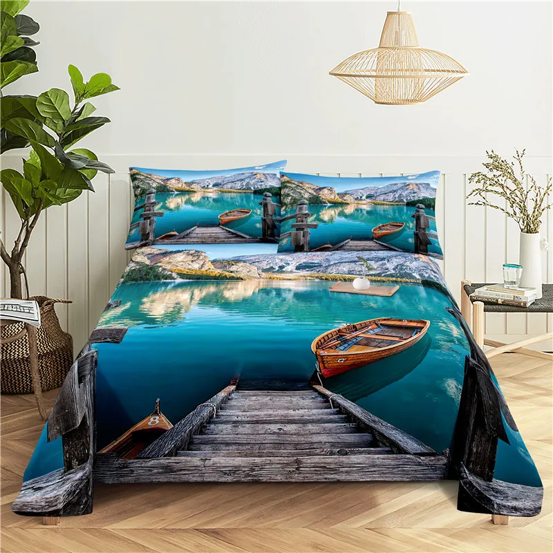 

Seaside Scenery Bedding Sheet Home Digital Printing Polyester Bed Flat Sheet With Pillowcase Print Bed Sheet