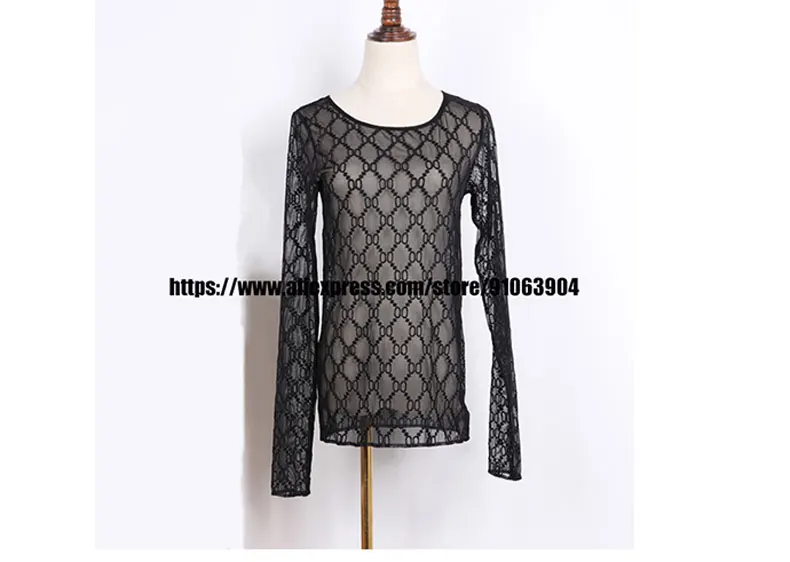 

Designer Women Embroidery Sexy Round Neck See Through Top Lace Long Sleeve Top Blouse Mesh Shirt