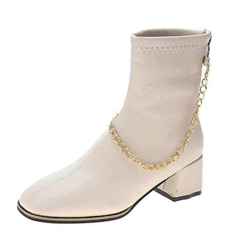 

Winter for woman new fashion shoes Pure color beige clear heels boots Square toe zipper Block heels ankle boots 35-39
