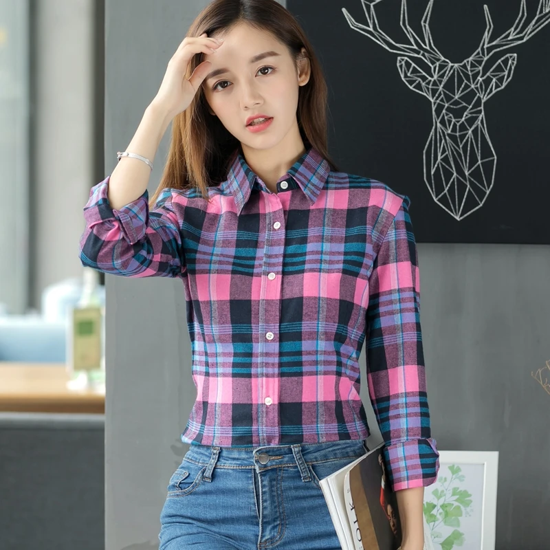 Women Plaid Shirt Checks Flannel Female Long Sleeve Tops Blouse 2019 Spring New Fashion Casual Lapel Plus Size 4XL Blouses | Женская