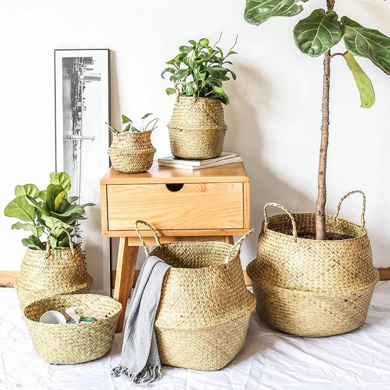 

Basket Wicker Toy Organizer Folding Rattan Seagrass Handmade Storage Dirty Laundry Woven Plant Flower Pot Garden Pots Planters