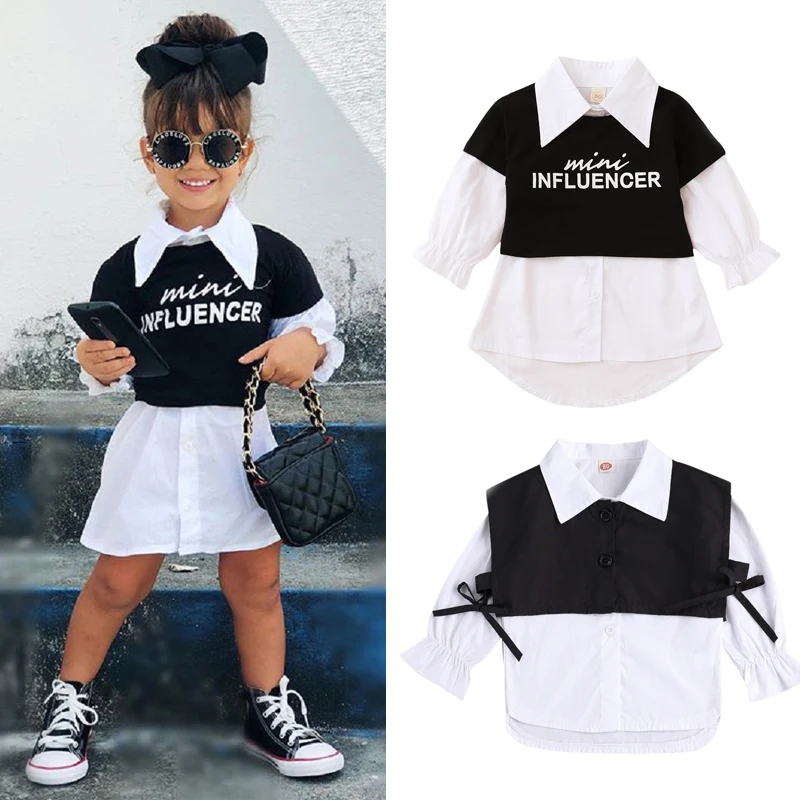 

Summer Infant Newborn Baby Girls Dress +T Shirts 2pcs Letter Print Tops Solid Long Sleeve Single Breasted Shirts Dresses 1-5Y