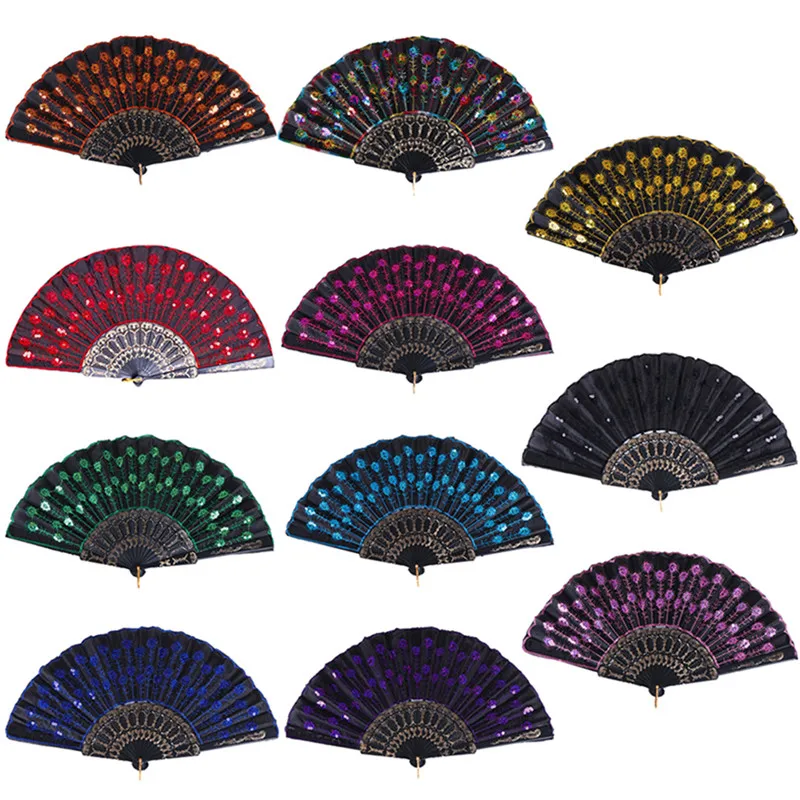 

Christmas Dance Fan Rainbow Color Peacock Pattern Folding Hand Held Embroidered Sequin Gift Fan