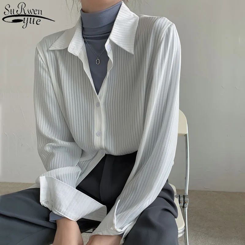 

White Shirt Office Ladies Striped Women Blouses Tops Full Sleeve Loose Women Shirts Elegant Spring Blusas Mujer 13679