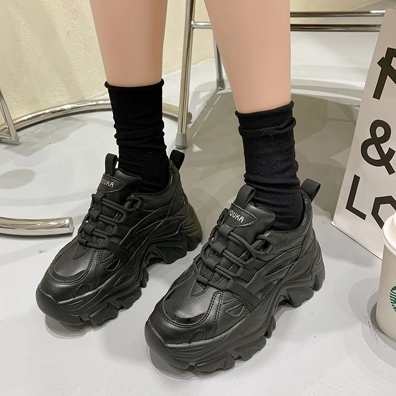 

Women Platform Chunky Sneakers 5cm High Lace-up Casual Vulcanize Shoes Luxury Designer Old Dad Female Fashion Sneakers New 2021