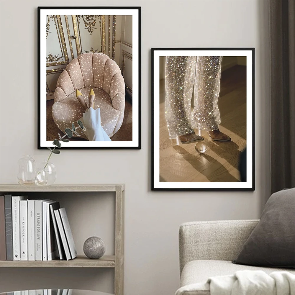 

Bling Women VOGUE Decoration Canvas Painting Girl Crystal High Heels Picture Poster Living Room Wall Art Print Modern Home Decor
