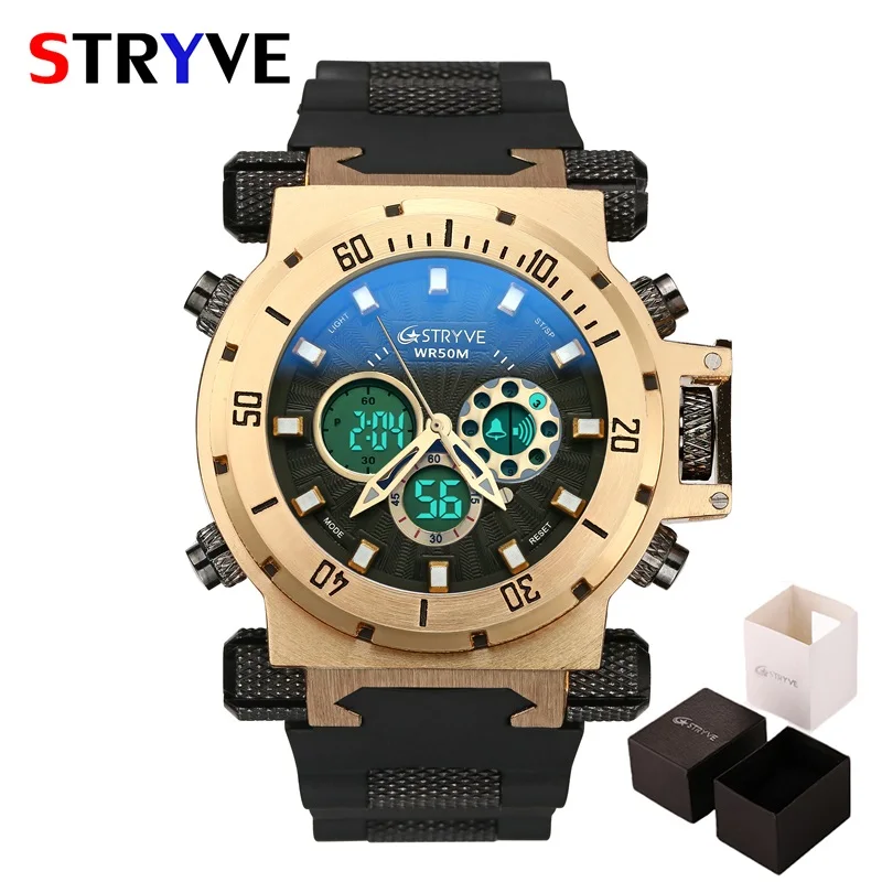 Black Gold Box Модные мужские военные спортивные часы, мужские s светодиодный цифровой водонепроницаемый кварцевые часы, мужские часы с большим циферблатом и двойным дисплеем, мужские часы - Цвет: Black Gold Box