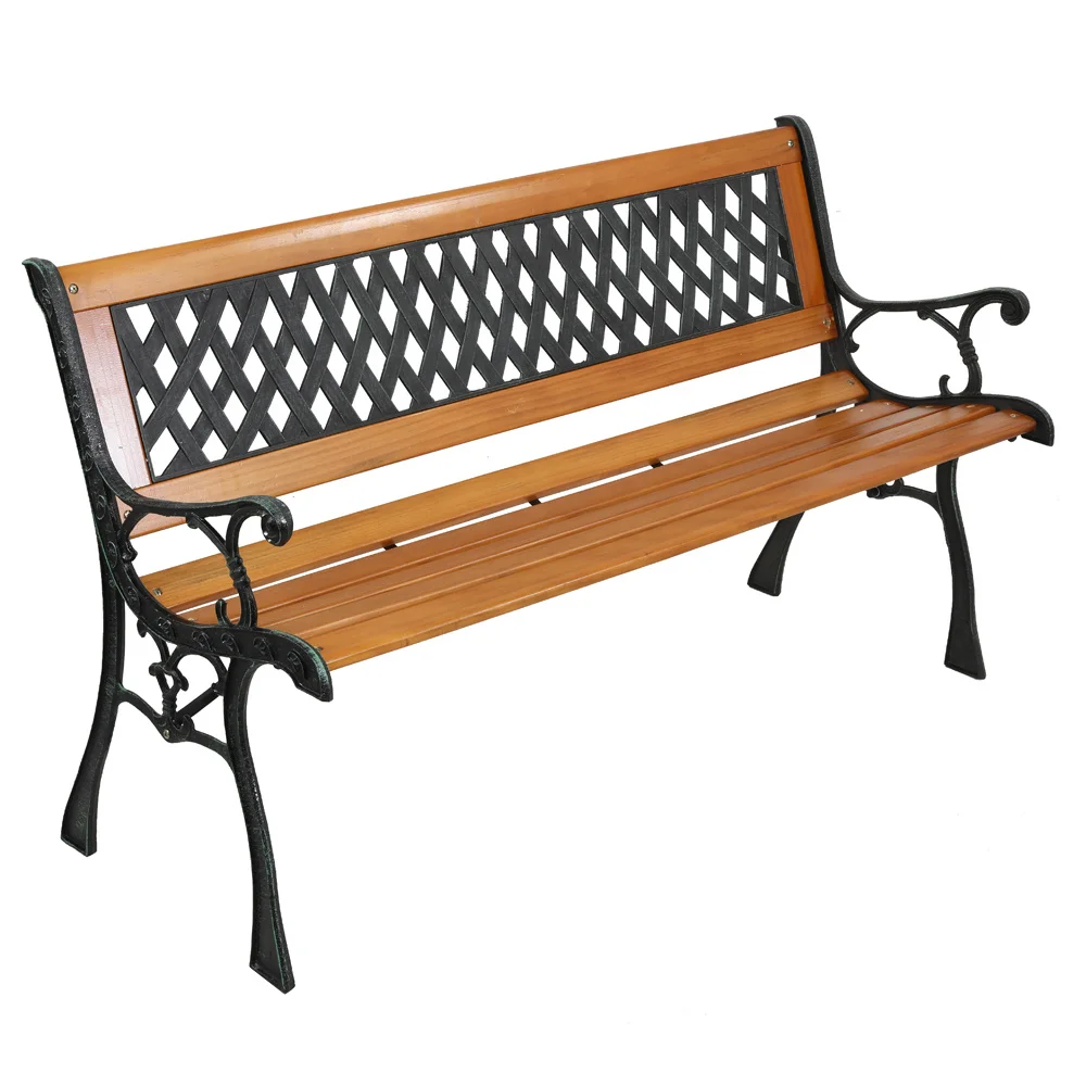 

49in Outdoor Patio Porch Garden Bench Chair Deck Hardwood Cast Iron Love Seat Weave Style Back Easy to Assemble Clean U.S. Stock