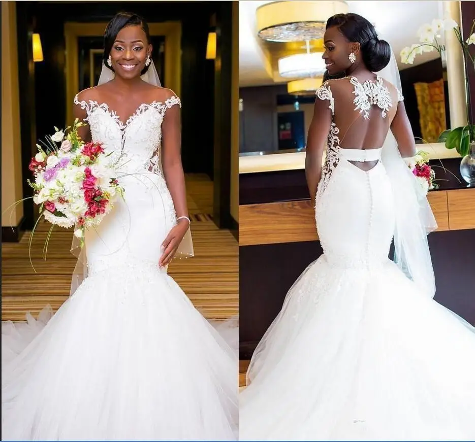 

African Mermaid Wedding Dresses 2020 Illusion Backless Applique Lace Court Train Mermaid Bridal Dress Wedding Gowns Plus Size