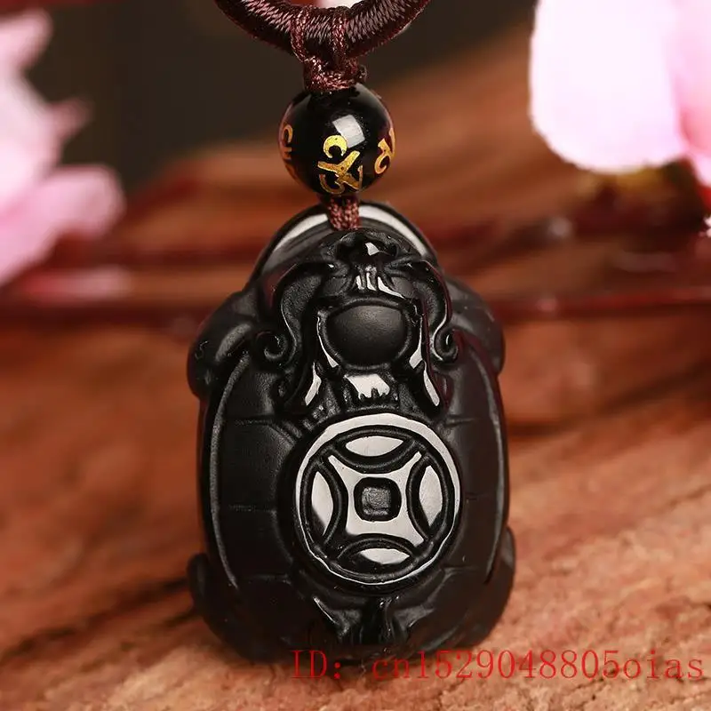 Natural Black Obsidian Beads Necklace Hand-Carved Dragon Turtle Jade Pendant Charm Auspicious Jewelry for Man Women Amulet Gifts | Украшения