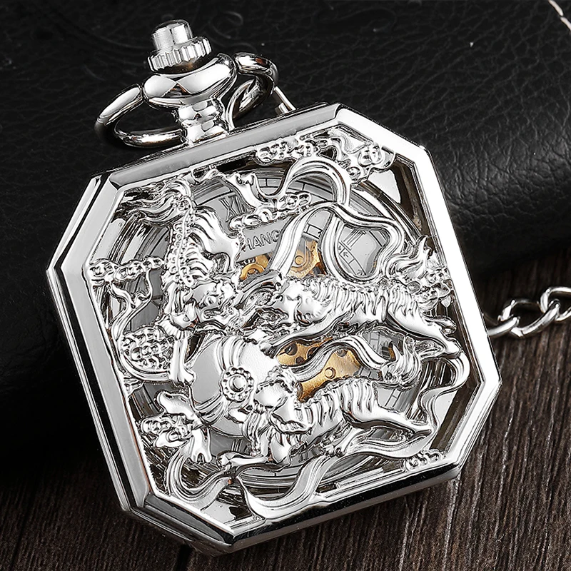 Mechanical Pocket Watch Antique Skeleton Dial Fob Chain Luxury Dragon Kirin Hanging Clock with Gift Box for Men Dropshipping