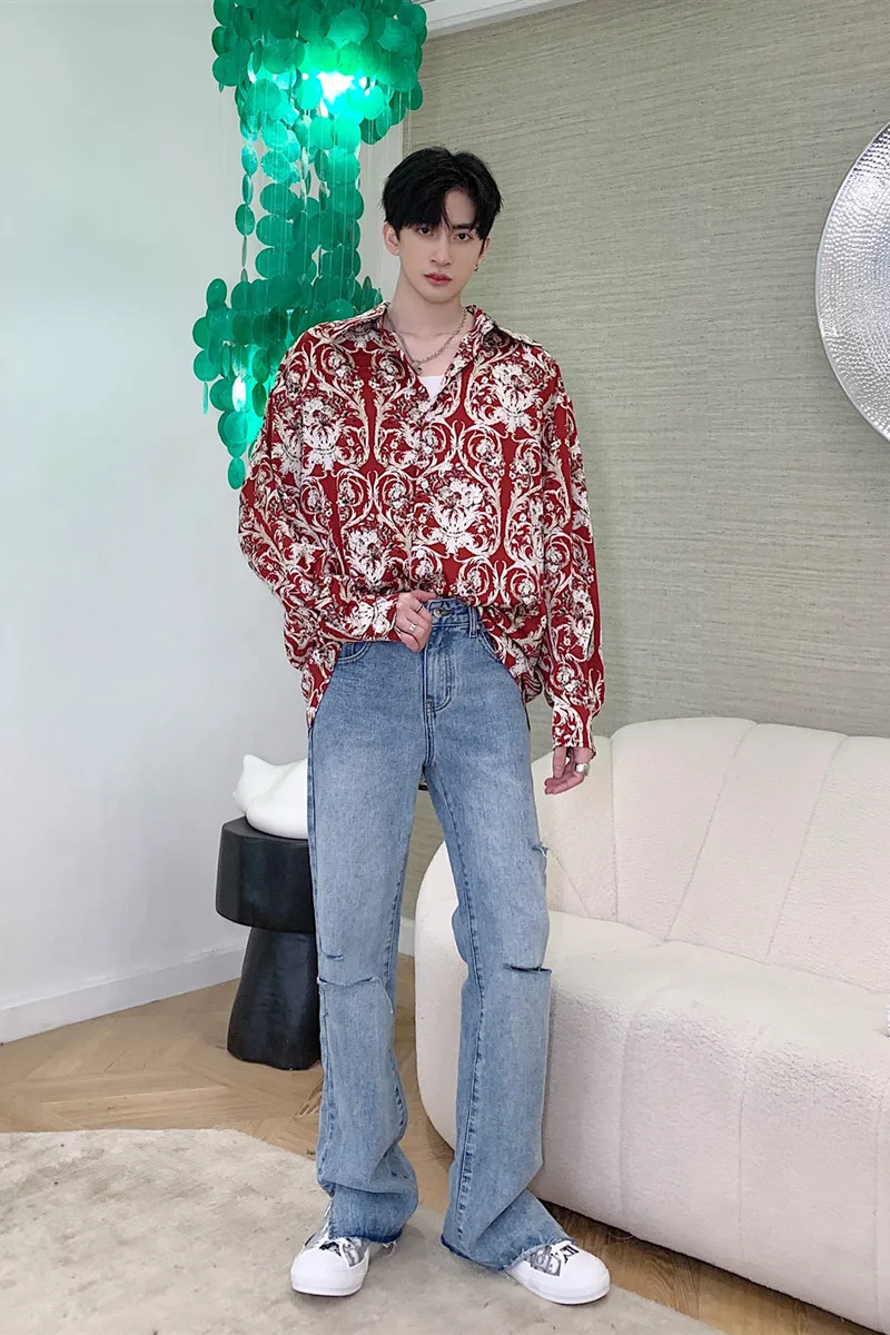 

2020 Spring And Autumn New Retro Baroque Printed Long Sleeve Floral Shirt Fashion Casual Loose Top Jacket Red / Black M-XL
